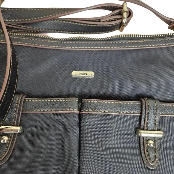 Chaps Black Nylon Shoulder Bag Purse Front Pockets Back Zipper Compartment - Picture 5 of 8
